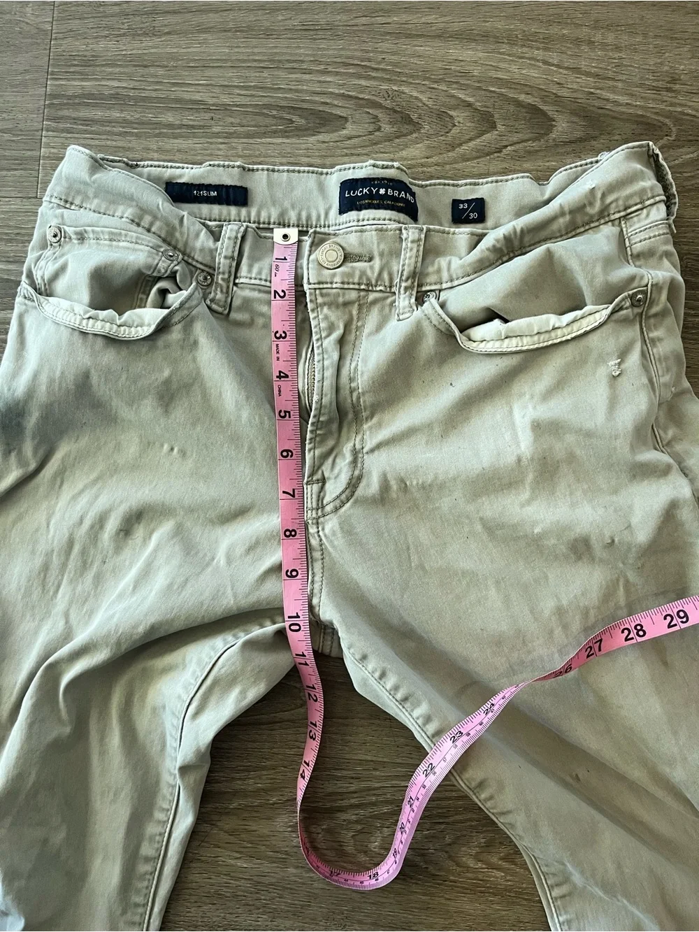 Lucky Brand 121 Slim Khaki Jeans Mens 33x30 Tan Stretch Denim Pants Distressed